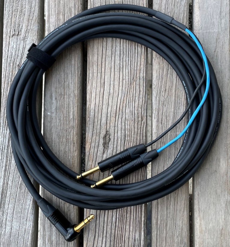 20 ft insert cable - right angle TRS to two TS - Click Image to Close